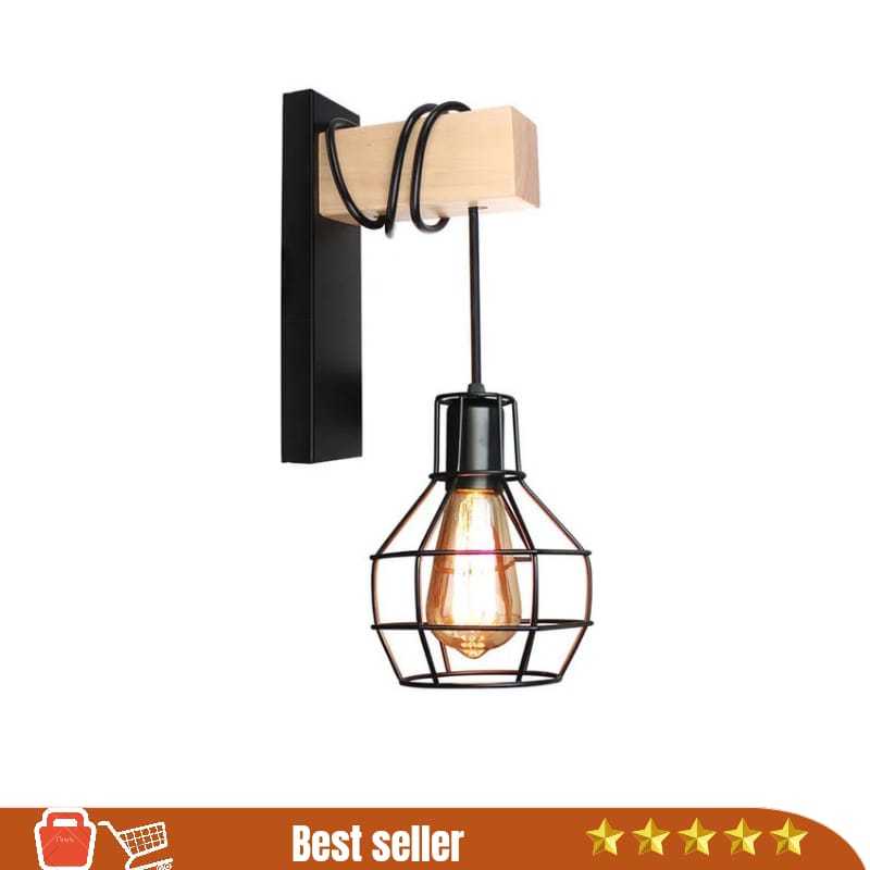 Fitting Lampu Dinding Hias Indoor Kayu Besi Gaya Retro Nordic Hiasan Kamar Teras Rumah Iron Wood Wal