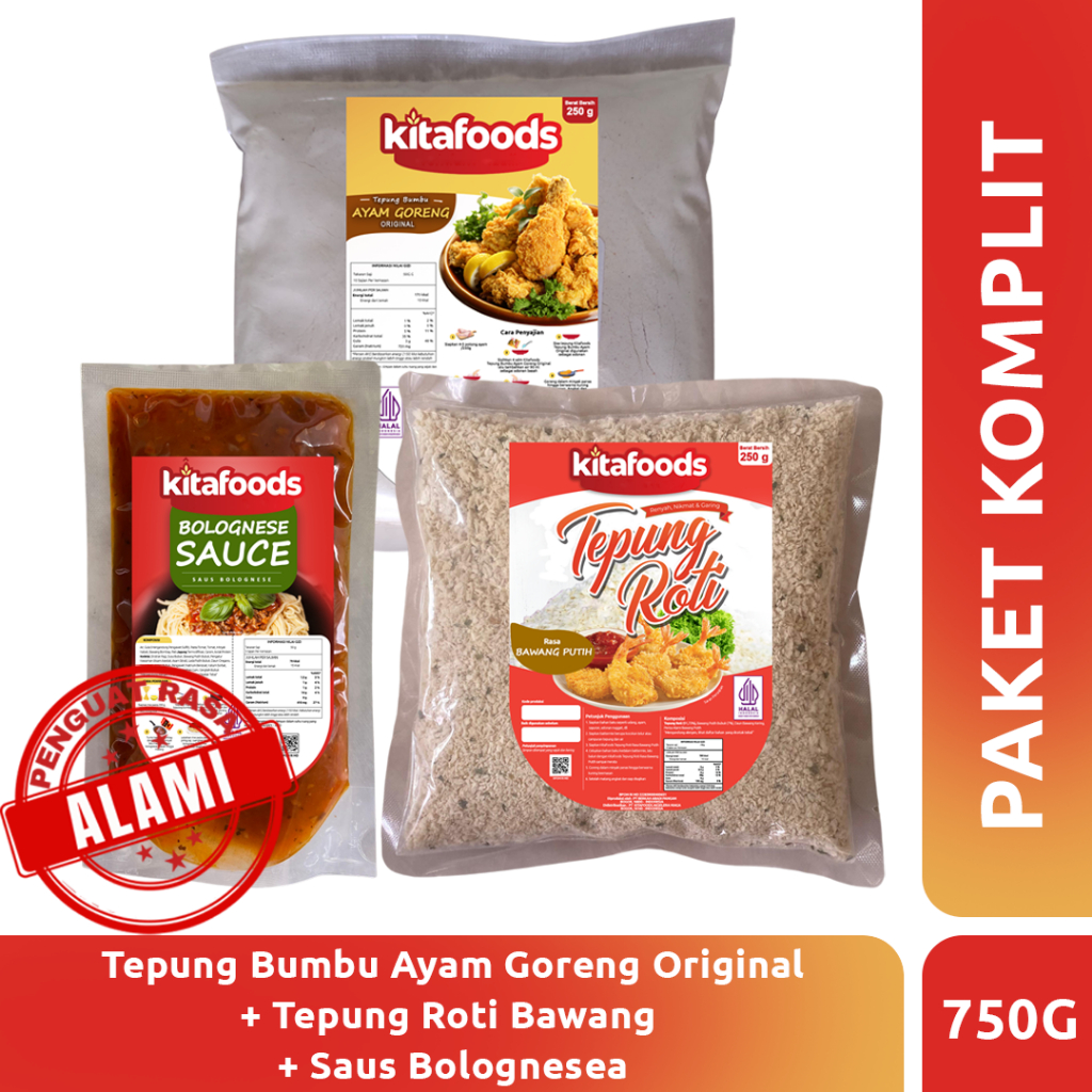 

PAKET KOMPLIT 1 ( tepung ayam goreng ori 250gr+ TR bawang Putih 250gr + Bolognese sauce 250gr ) Tanpa Penguat Rasa