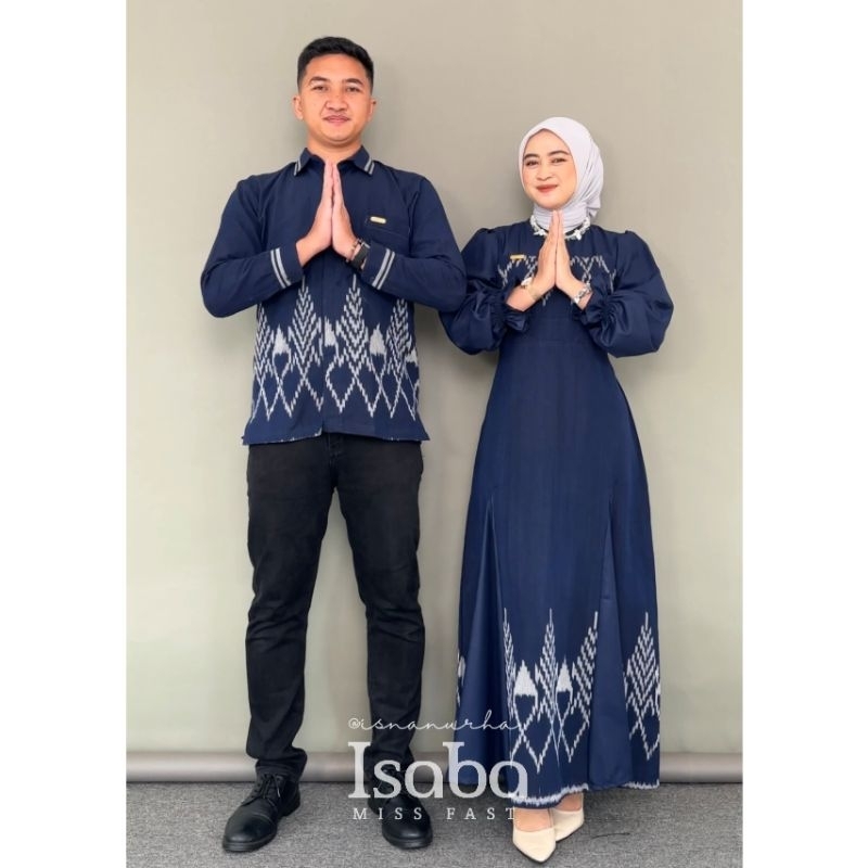 ISABA - SET COUPLE DRESS KINANTI NAVY - BAJU TENUN COUPLE - GAMIS COUPLE LEBARAN PASANGAN KONDANGAN