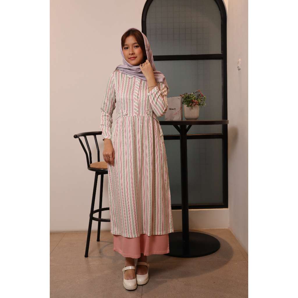 Gamis Dress Wanita Missty Freeteen Warna Pink Putih Motif Salur Garis Bahan Katun Kualitas Premium B