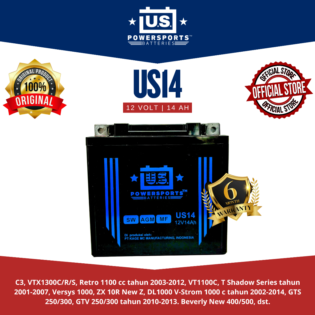 Aki Motor US PowerSports US14 - 14 Ah (Garansi 1 tahun)