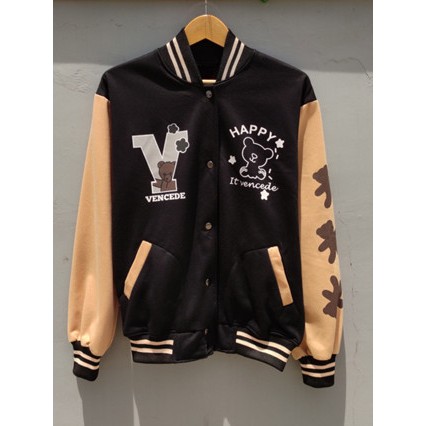 V Happy Bear Jacket Baseball Varsity Lucu Wanita Allsize - Jaket Baseball Wanita Korean Style Terbar