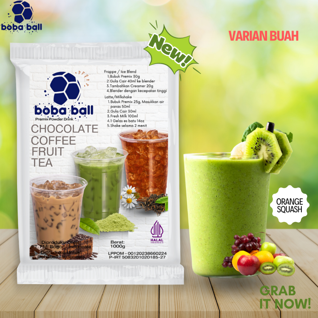 Bobaball Powder Drink | Bubuk Minuman Rasa Orange Squash | Serbuk Minuman Kekinian 1 Kg