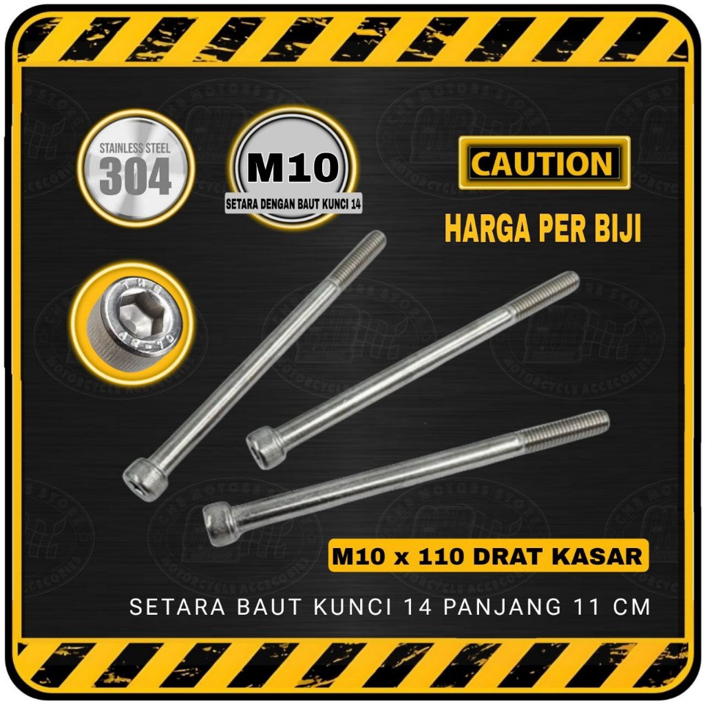 Baut L STAINLESS M10 x 110 | M10x110 Drat Kasar ( Setara Baut Kunci 14 | Panjang 110 mm / 11 cm )