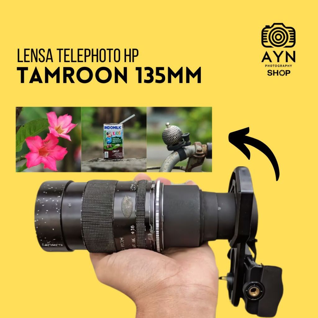 Lensa Telephoto Hp Lensa Tamroon 135mm f2.5 Dengan Adapter Eyepiece Lensa Mirrorles ke Hp Lensa DSLR