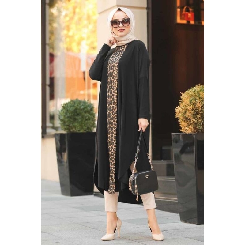 LEO TUNIK CRINKLE KOMBINASI WANITA TERBARU/ ATASAN KOMBINASI LEOPARD CANTIK ELEGANT BLOUSE LENGAN PA