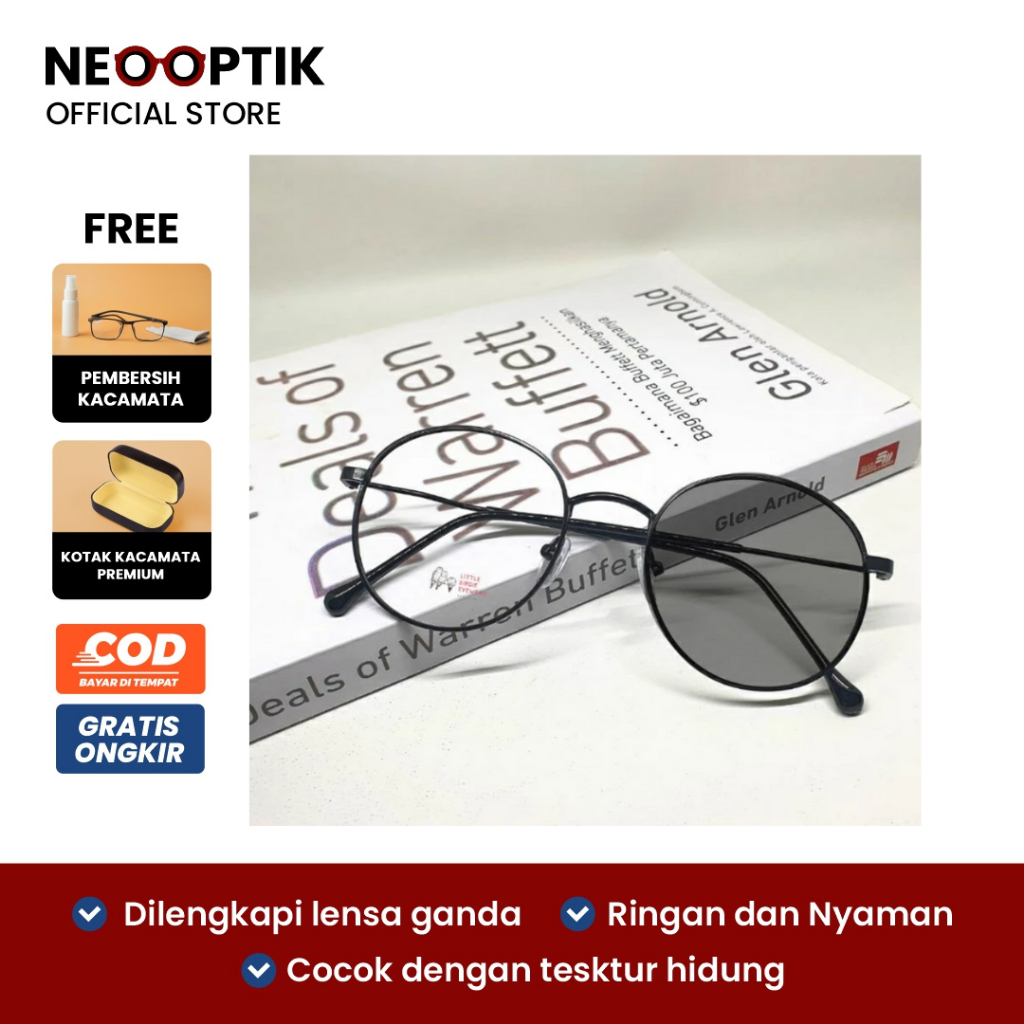 NEO OPTIK | VIRAL Kacamata Photocromic Lensa Anti Radiasi Frame TITANIUM Unisex (GRATIS BOX DAN LAP)