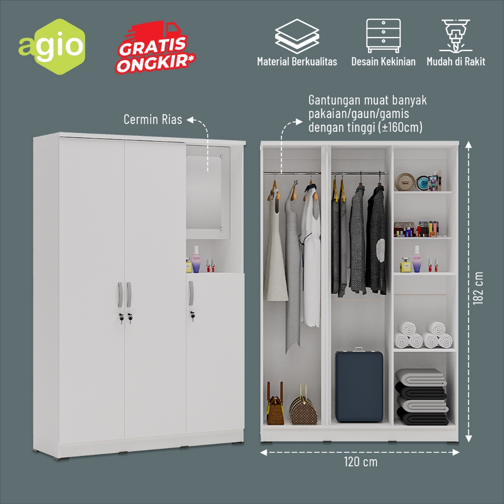 Oggi - Lemari Pakaian Gantungan Baju Full / Lemari Baju 3 Pintu Dengan Kaca / Lemari Baju Aesthetic