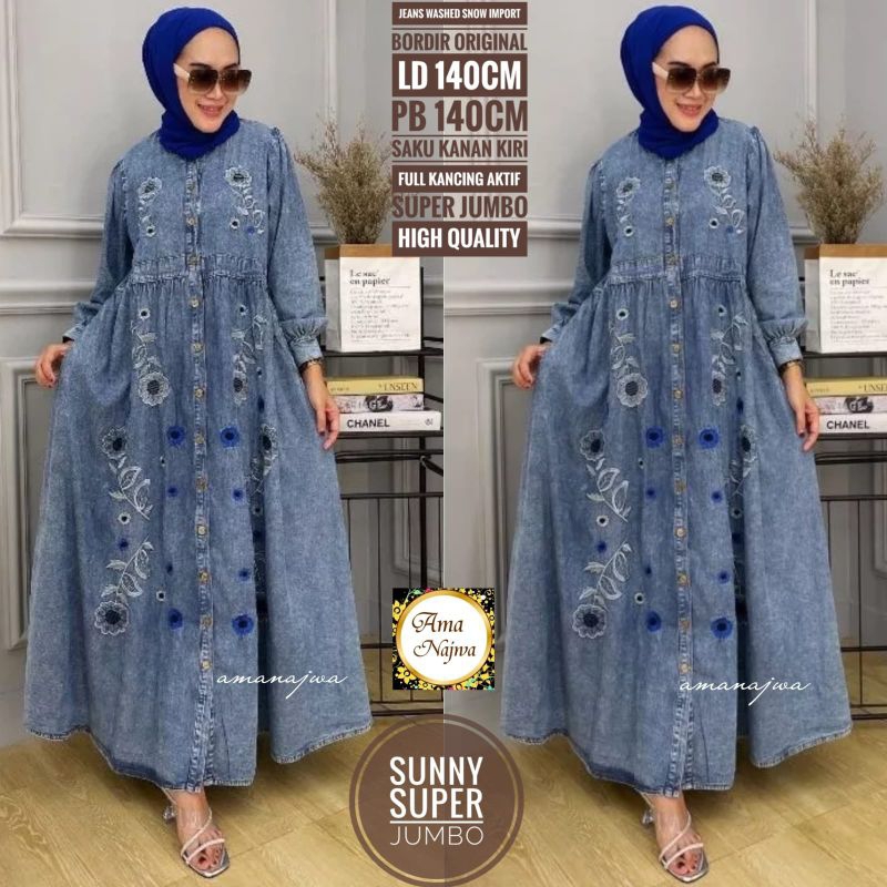 Gamis Jeans Bordir Sunny Jumbo Maxy Jeans Washed Import By Amanajwa