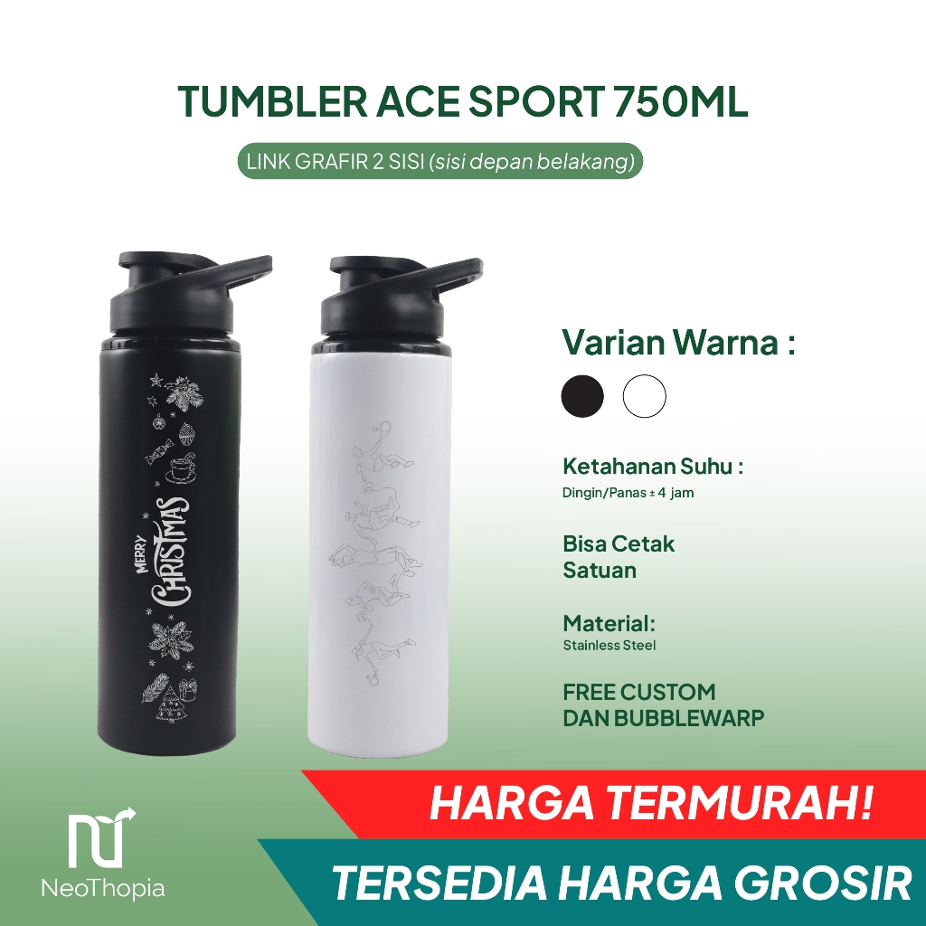 Tumbler Sport Ace 750ml Botol Minum Custom 2 Sisi Laser Grafir Custom Nama / Logo Souvenir