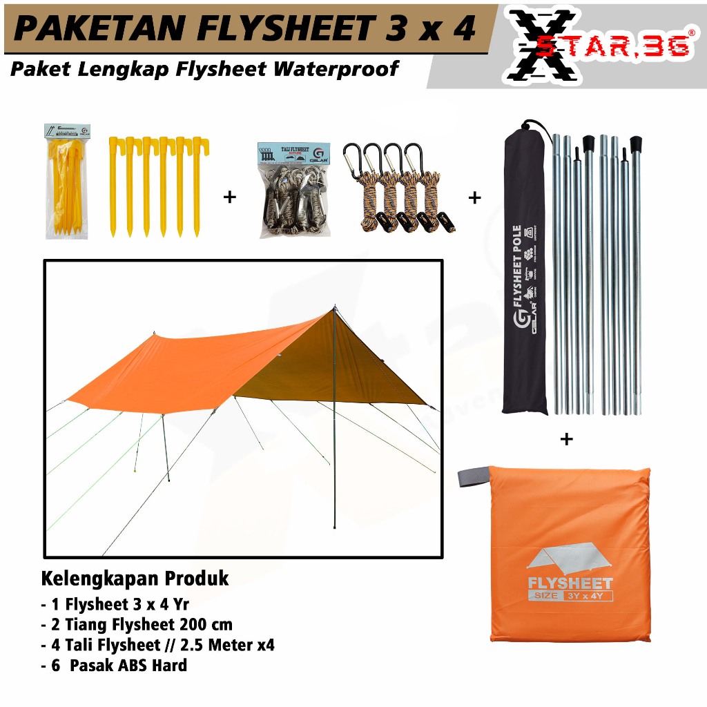Flysheet Tenda Camping Paket Flysheet Tenda Camping Waterproof Ukuran 3x4 Meter Lengkap Dengan Tiang