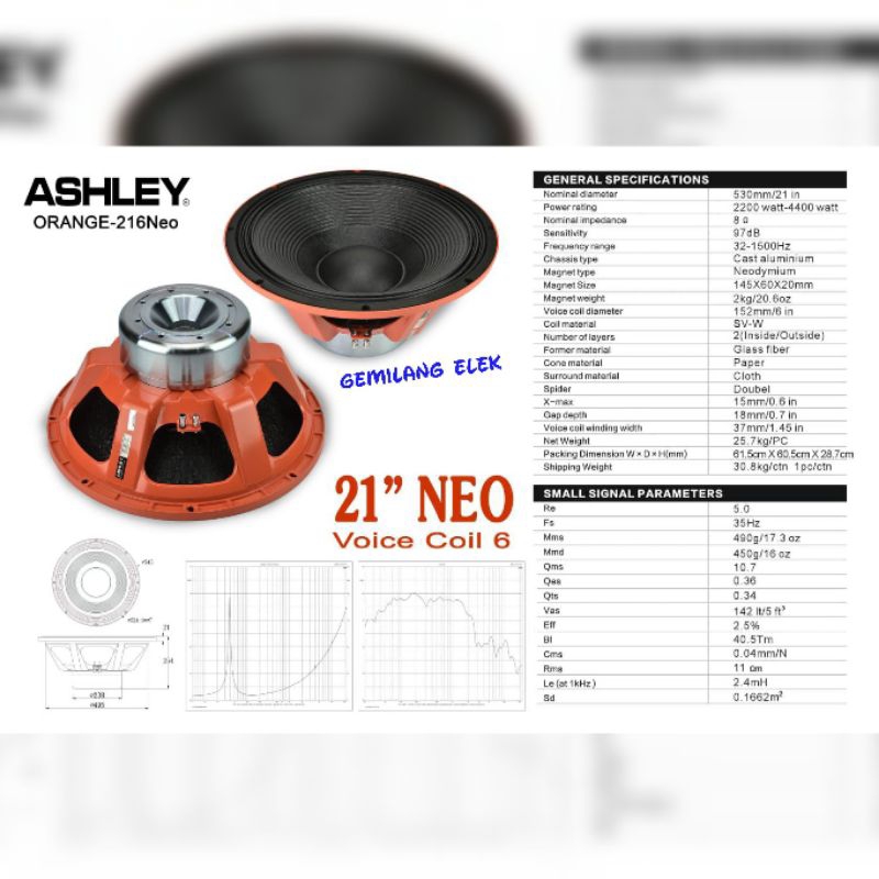 Speaker ASHLEY ORANGE 216NEO/ 216 NEO Coil 6 Original 21 inch