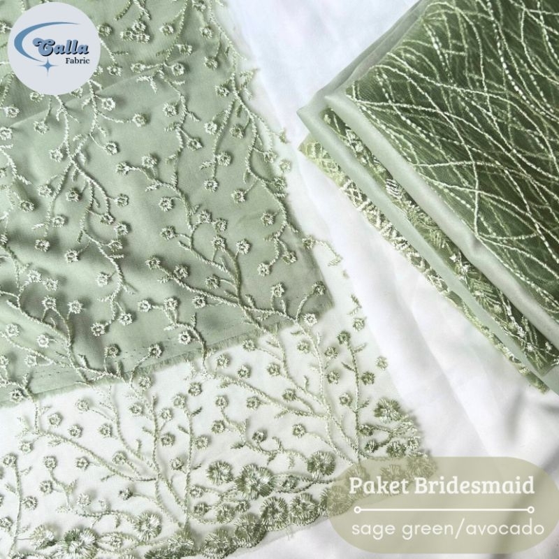 Paket Lengkap Kain Bridesmaid / Kain Satin Velvet + Brukat Tile - Sage Green