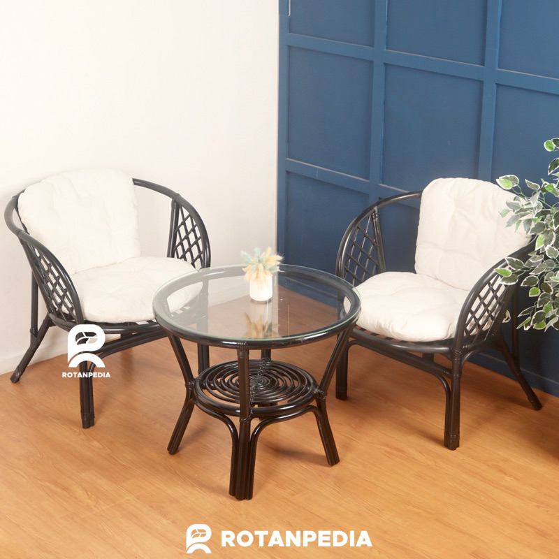 Kursi Teras Bahama Rotan Hitam Minimalis 1 Set | Kursi Tamu Rotan | Kursi Cafe Rotan - Rotanpedia