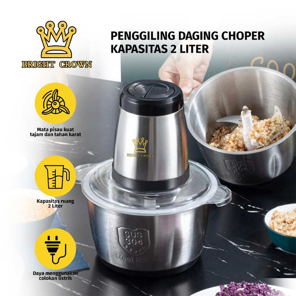 Bright Crown Blender Chopper Stainless Steel 2L Penggiling Bumbu Daging Sayur Buah / Food Processor