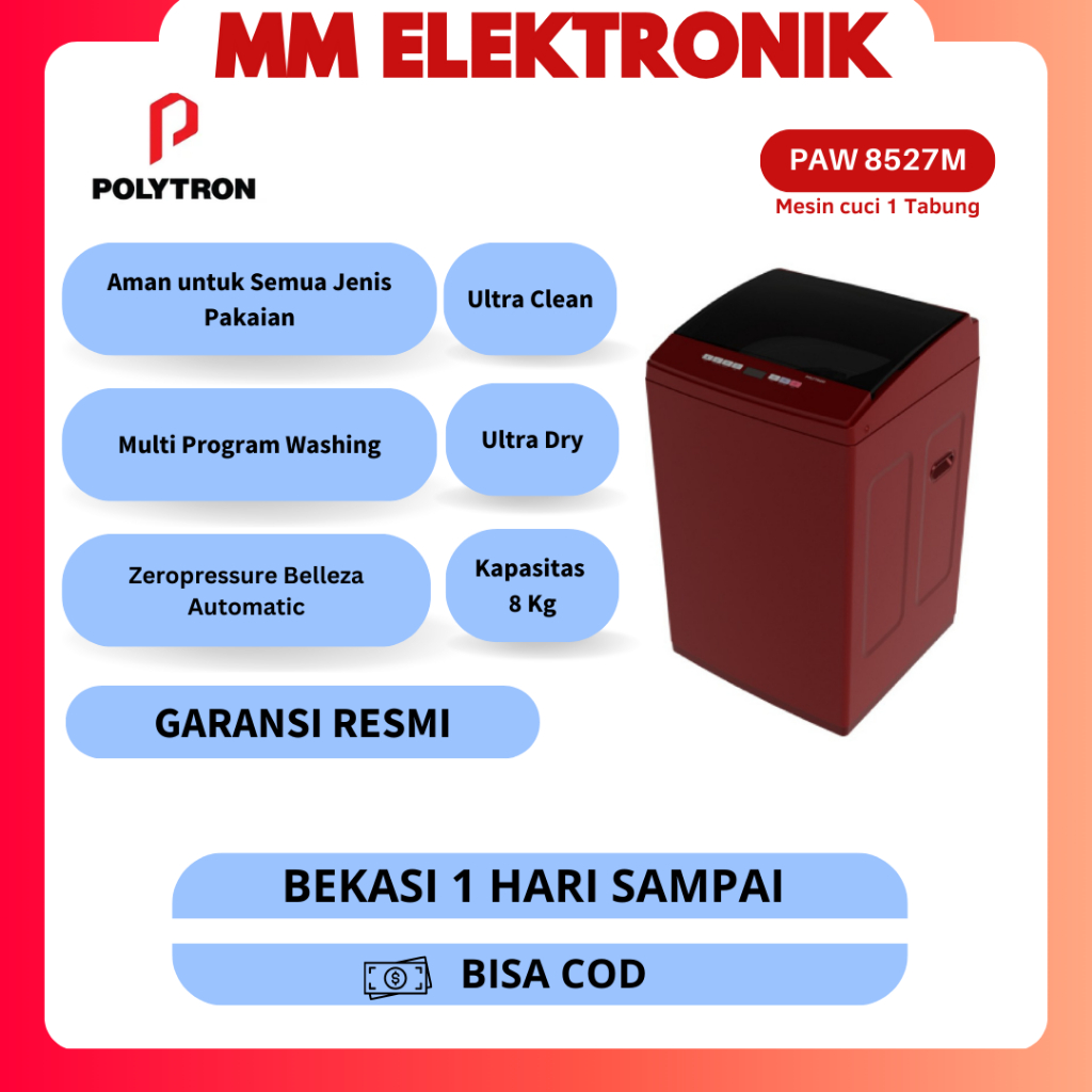 MESIN CUCI 1 TABUNG TOP LOADING 8.5 KG POLYTRON PAW-8527M