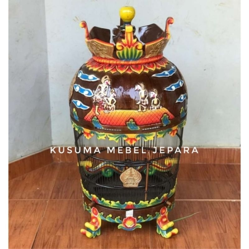 Sangkar Burung Perkutut Model Mahkota Ukir Wayang Finishing Natural Kombinasi Warna Kayu Jati (Free 