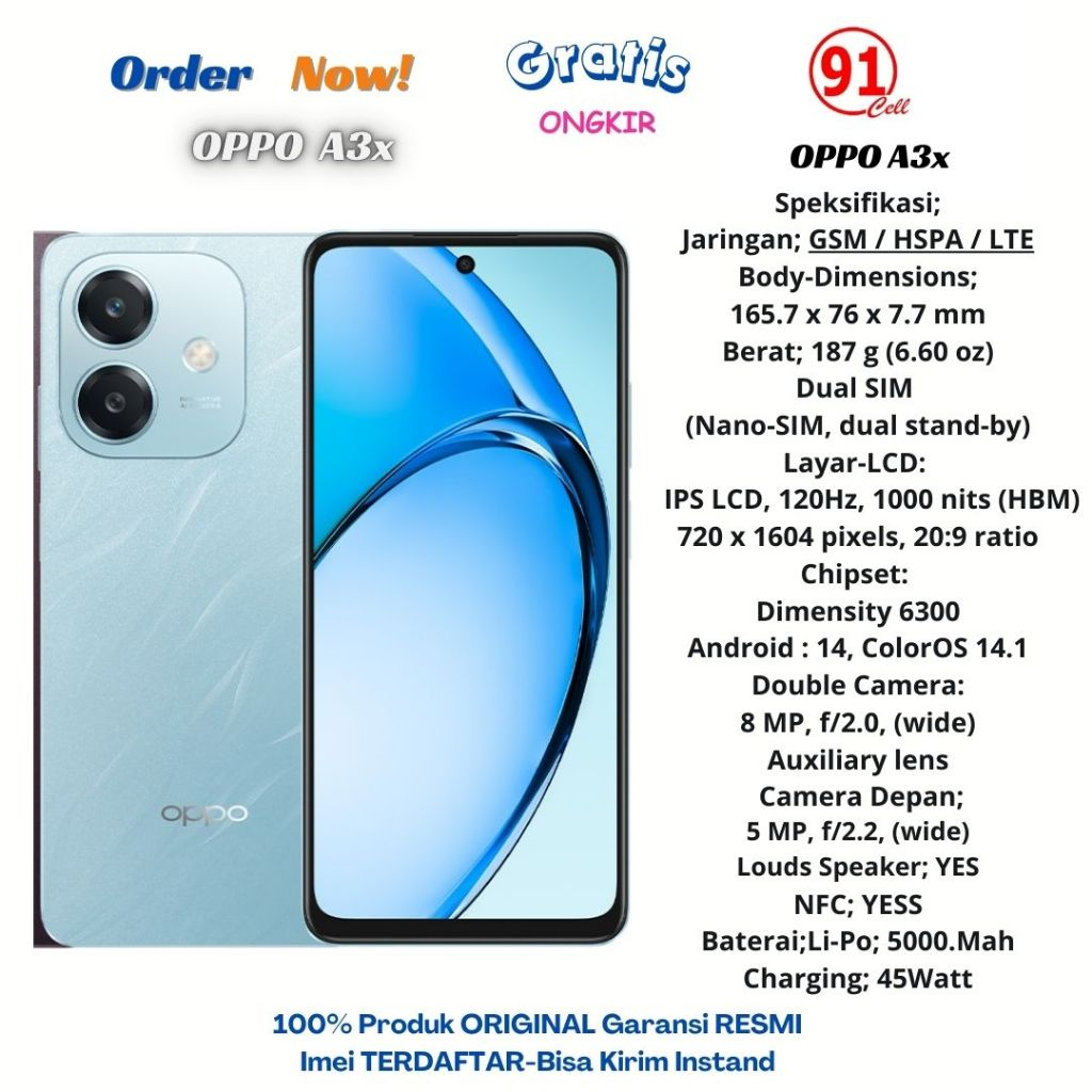 Oppo A3x/A18-4G RAM4/64GB & Ram4/128Gb & Ram6/128gb Garansi Resmi