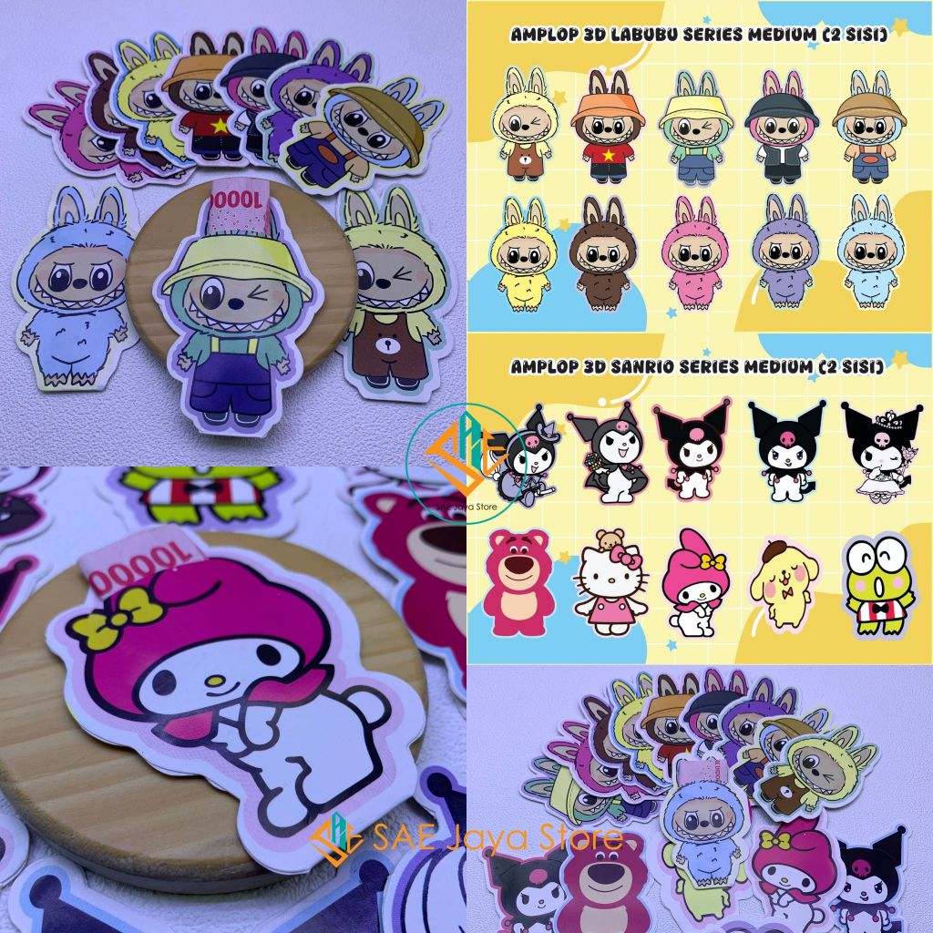 

(10 PCS) SAE - AMPLOP LEBARAN 3D 2 SISI MOTIF KARAKTER LABUBU DAN SANRIO SIAP PAKAI 1 PAK ISI 10 PCS