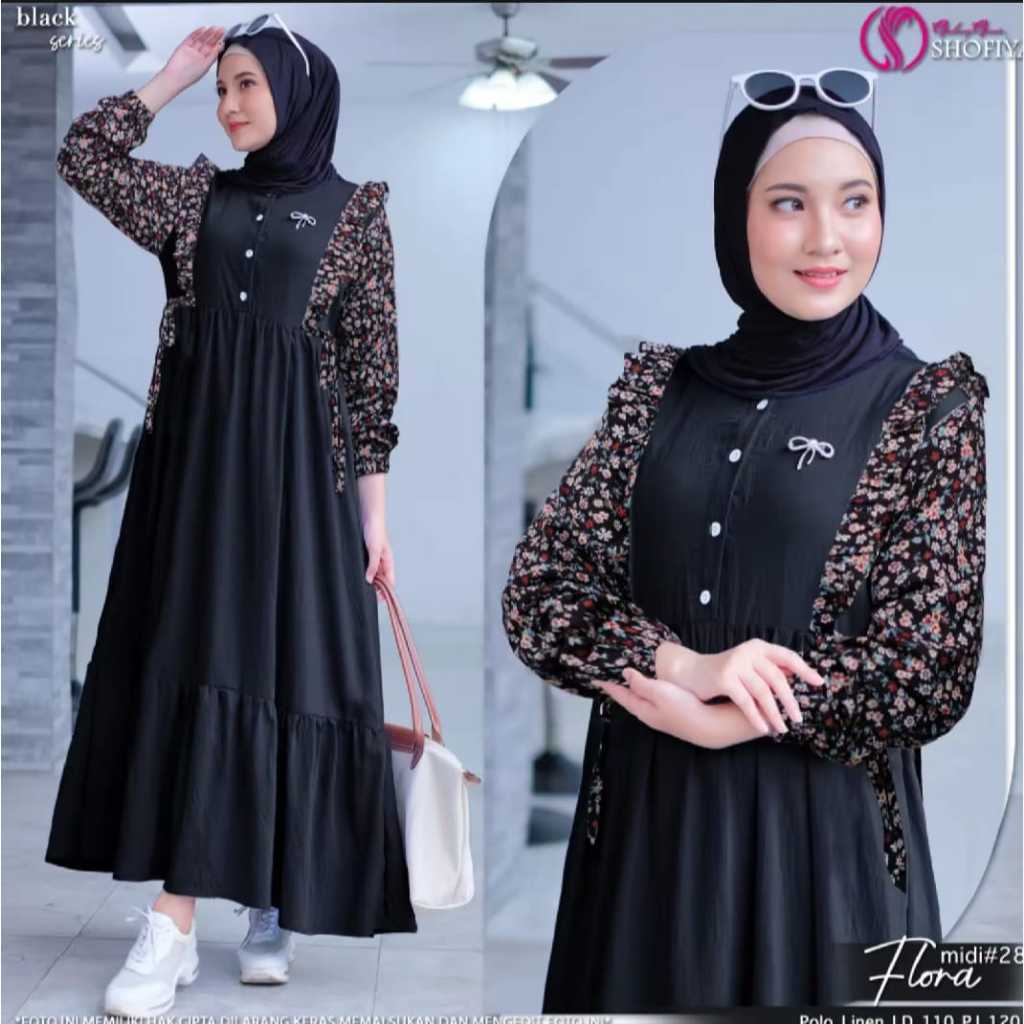 Flora Dress Hitam Motif Bunga/Shania MIDI dress rayon twill/MIDI dress model terbaru/MIDI dress vira