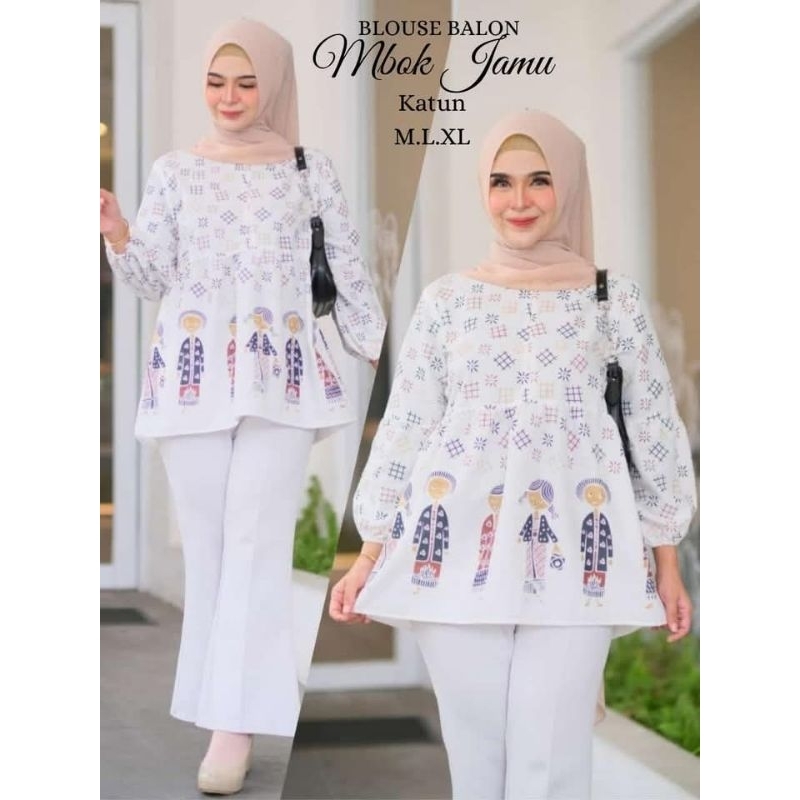 Batik Blouse Wanita Lengan Balon Baju Wanita Modern Atasan Batik Wanita Warna Putih Motif Bu Tejo