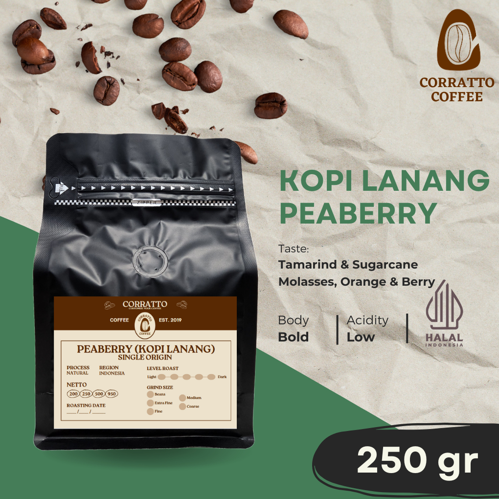 

Kopi Lanang Robusta Peaberry 250 gram Corratto Coffee