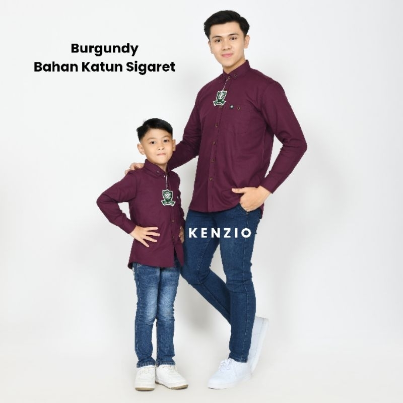 Burgundy Bahan Sigaret Kemeja Polos Couple Ayah dan Anak Lengan Panjang Warna Burgundy Bahan Sigaret