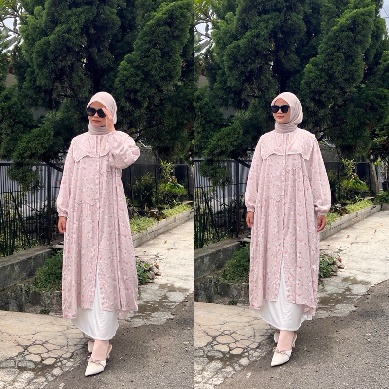 [COD] Tunik Midi Gamis Crepe Ceruty Babydoll Rayon motif bunga busui friendly - Midi Dress ceruti ke