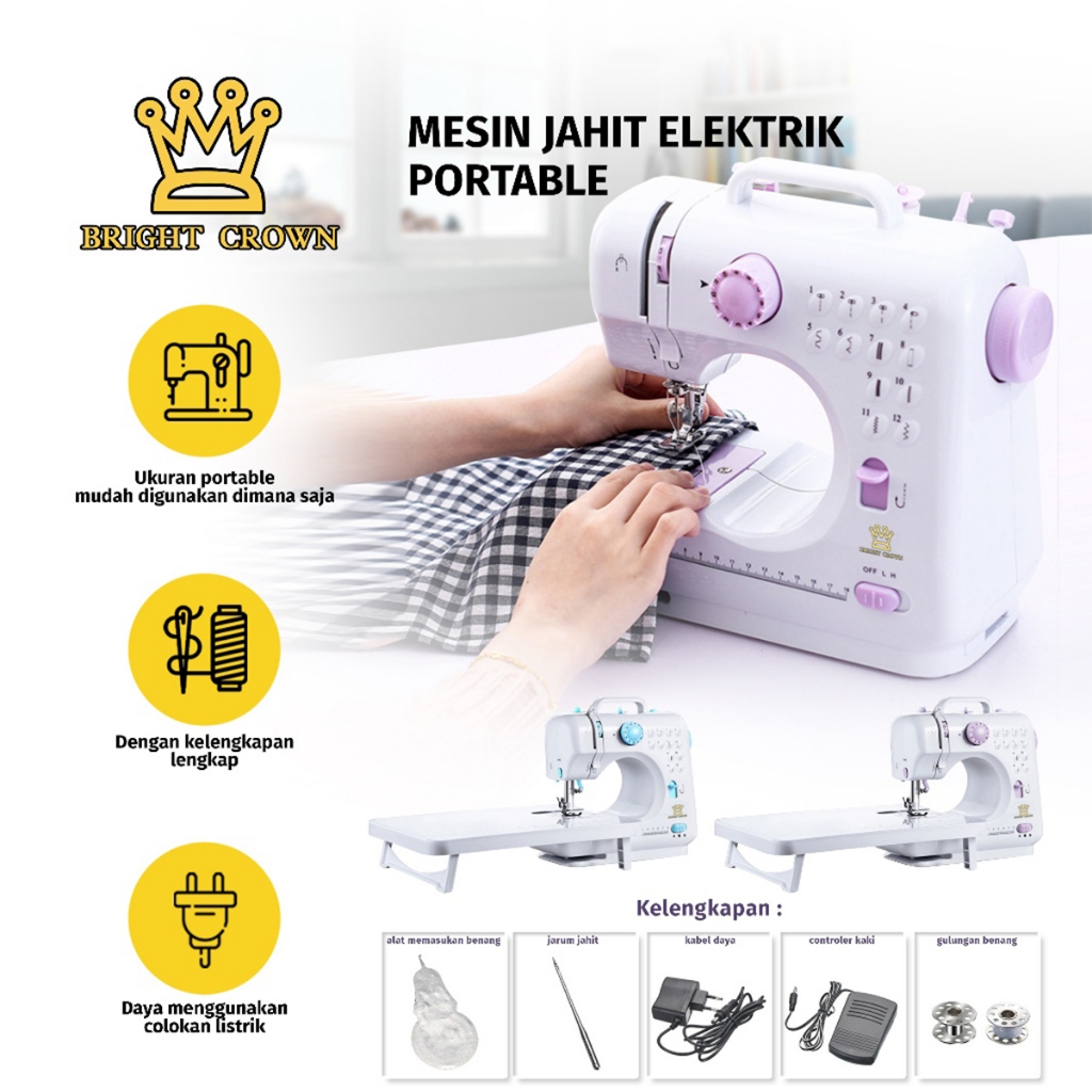 Bright Crown Mesin Jahit Mini Portable 505A 12 Jenis Pola Jahitan + Lampu Malam Rapi & Kokoh