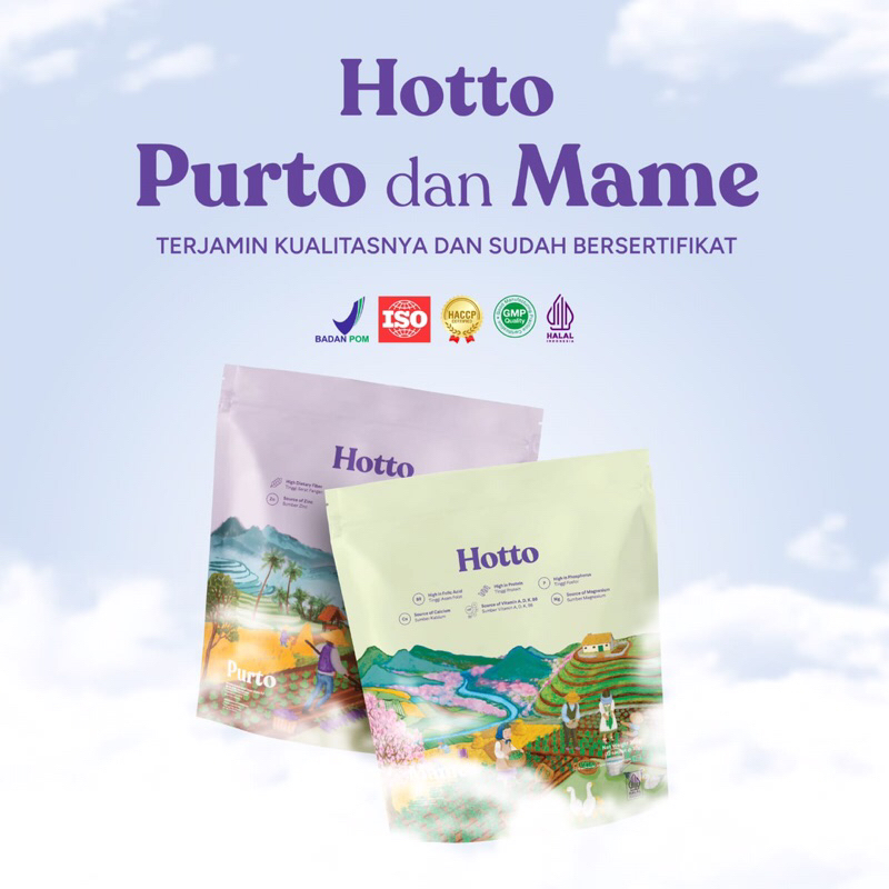 

HOTTO PURTO & HOTTO MAME | Hotto Purto Multigrain with purple potato & HOTTO mame kemasan SACHET & POUCH