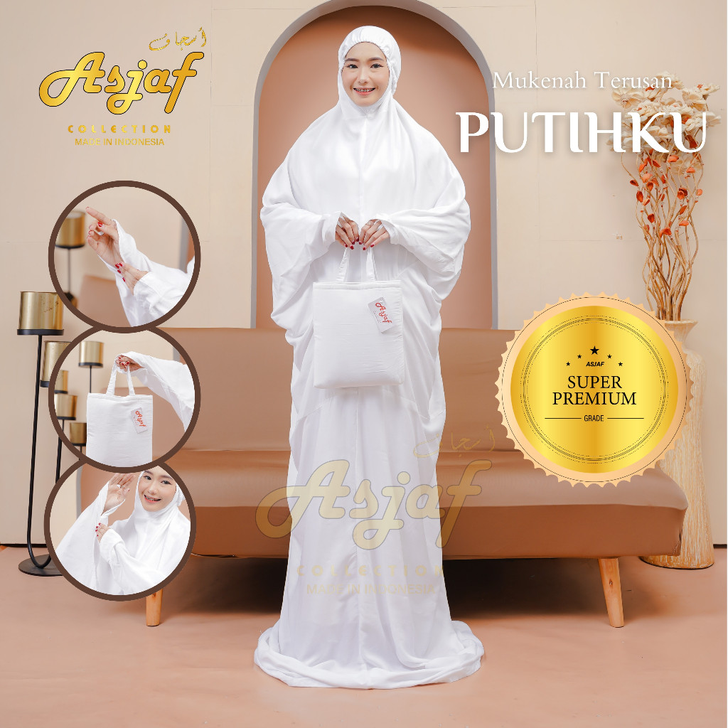 ASJAF - Mukena Terusan Travel Putih Polos Super Premium Class Bahan Rayon Super Lembut Tebal Adem Ny