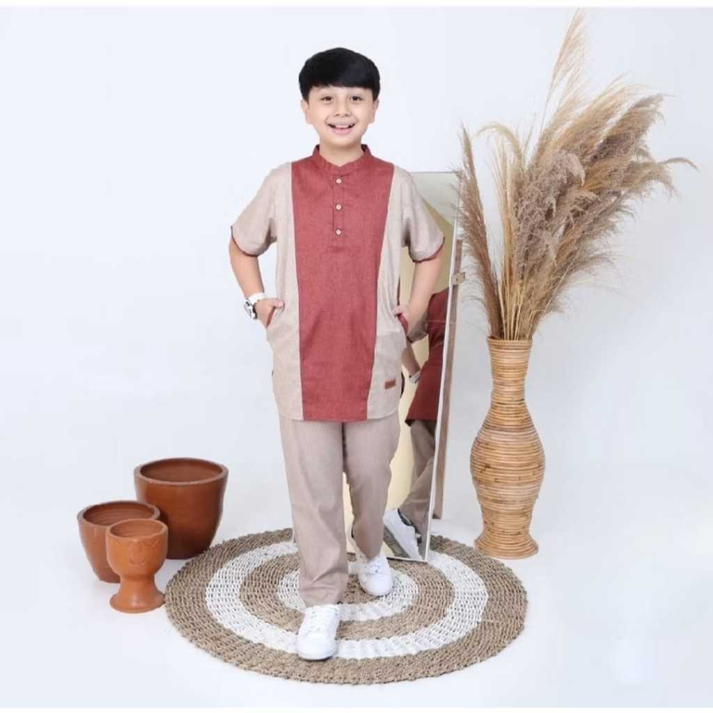 SETELAN KOKO KOMBINASI ANAK 1 - 12 TAHUN // BAJU KOKO KOMBINASI KREM MAROON - BIRU // TERLARIS DAN T
