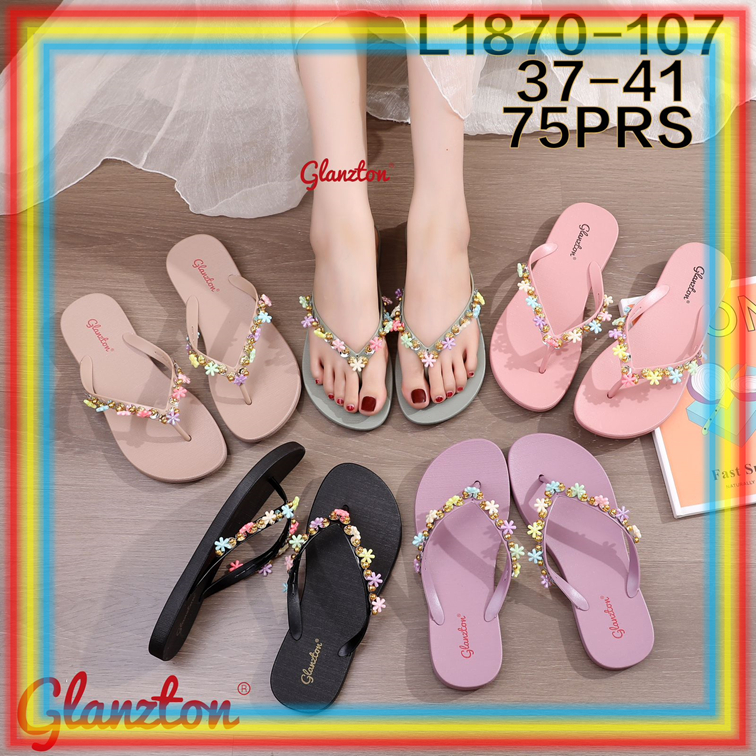 L1870-107 Sandal Wanita Jepit Bunga Permata Glanzton Sendal Cewek Jelly Karet Kuat Awet Glanzton