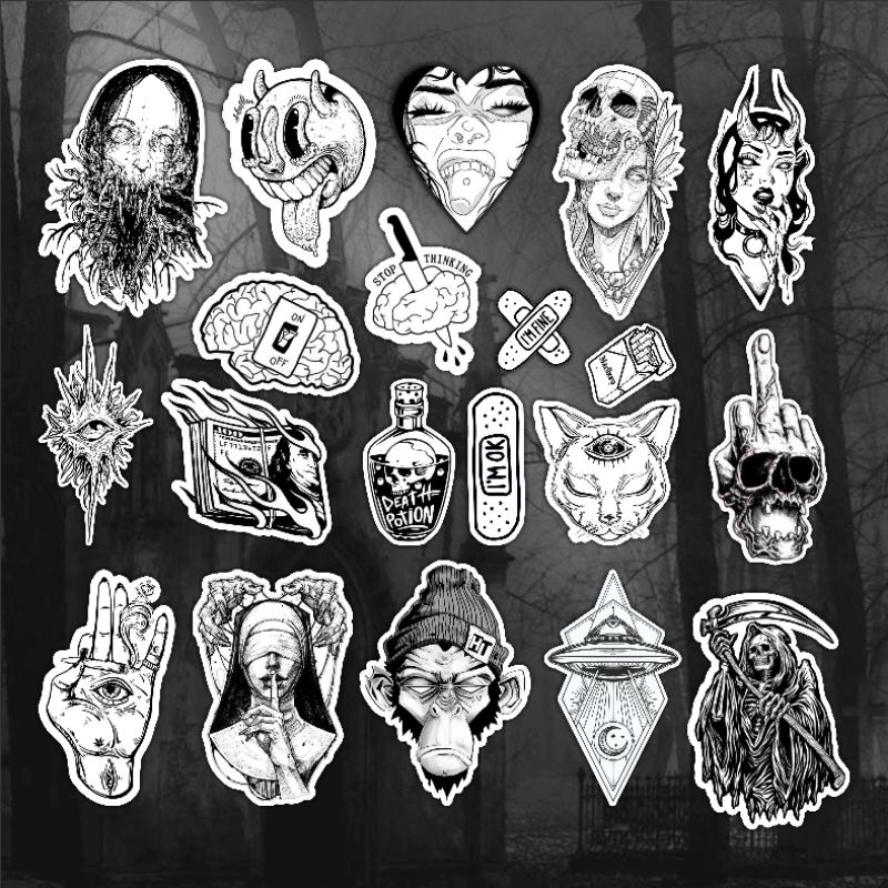 STIKER PACK 26 PCS AESTHETIC HORROR HITAM PUTIH UNTUK LAPTOP CASE HP HELM DLL