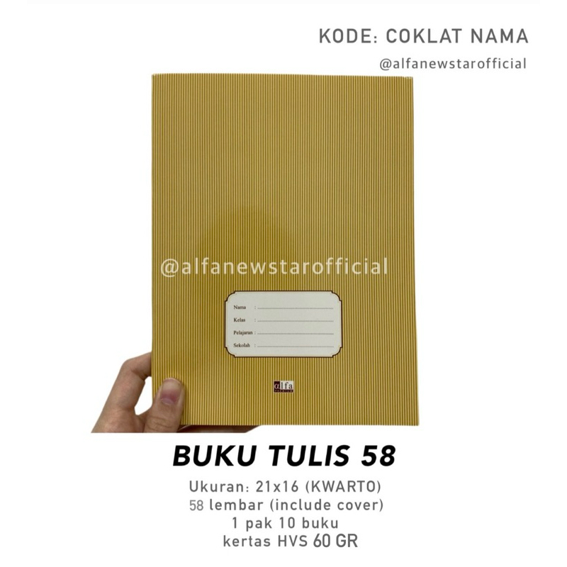 

Buku Tulis Kwarto 58 Lembar Alfa Coklat Nama
