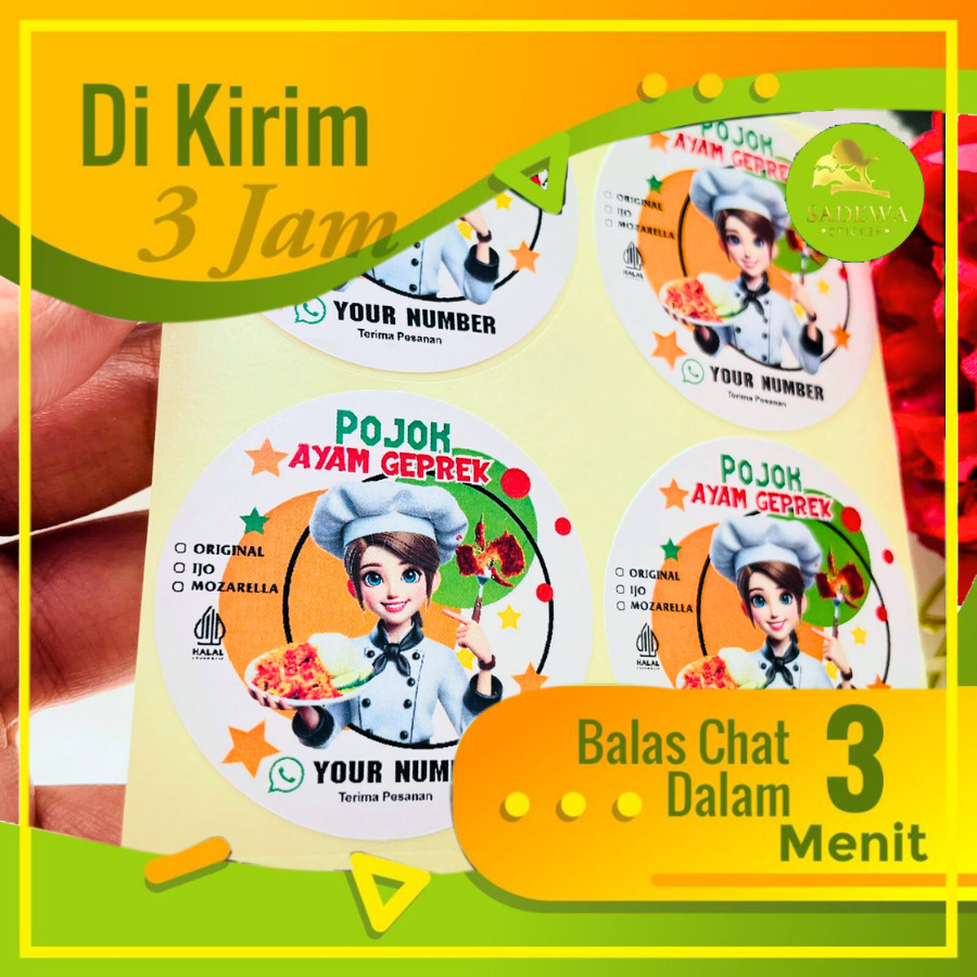 2-4 Sadewa Stiker Chromo Label Makanan Ayam Bulat Custom Free Template Sticker Box Geprek Uk.Kecil