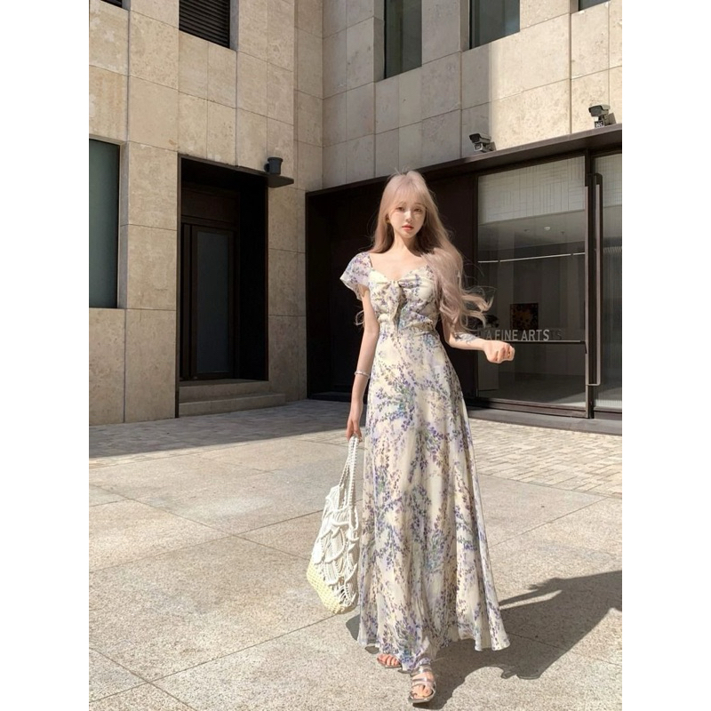 Bosnia Dress Floral Summer Vintage Casual Korean Sweet Street Holiday Yellow Purple Midi Sexy Retro 