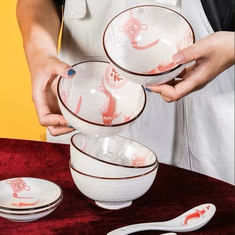 (6pc / 12pc) Mangkok Keramik Motif Ikan Koi (Tanpa Kotak)