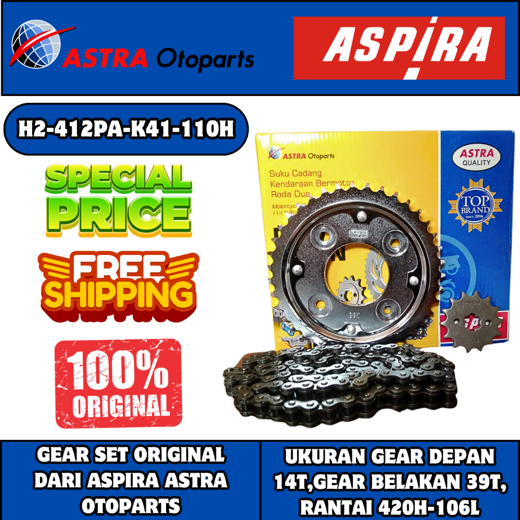 Gir Set Aspira K41-110H Untuk Motor SUPRA X 125 FI NEW (2014-2024) 1 Set Gear Depan Belakang +Rantai