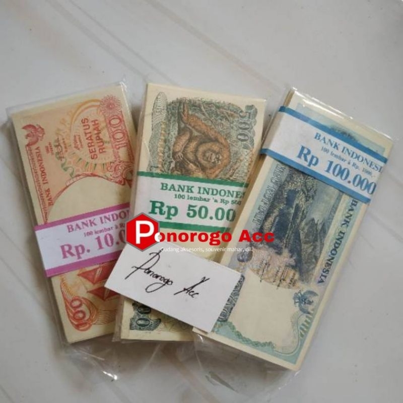 (Au/Unc/Gress) Paket uang kuno tahun 90an rp 100 pinisi rp 500 orang utan rp 1000 lompat batu bahan 
