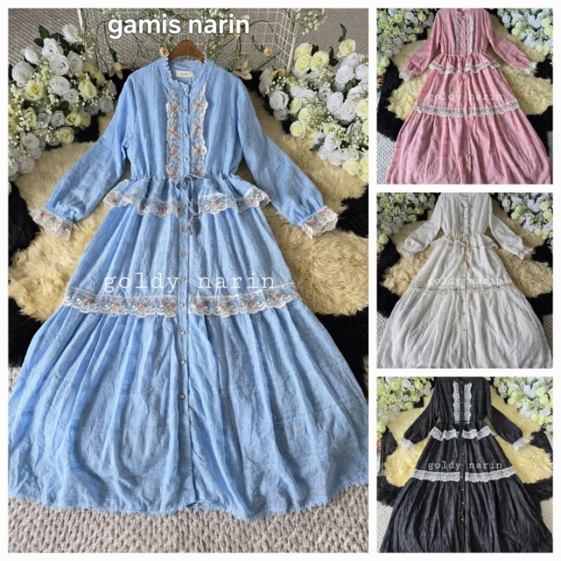 Gamis narin, dress goldy, Dress Maxi, gamis bangkok, gamis putih, white maxi, dress katun bordir, ga