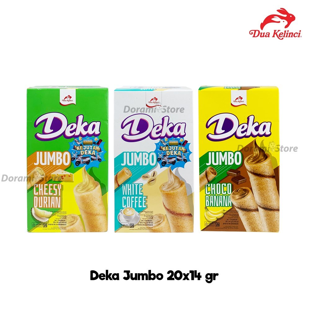 

Deka Roll Jumbo Isi 20x14 gr / Deka Wafer Roll Jumbo / Cemilan Dua Kelinci Enak Renyah