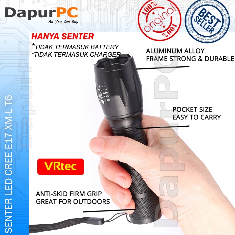 Paling Sesuai Senter LED Cree Terang E17 XML T6 2 Lumens 1865