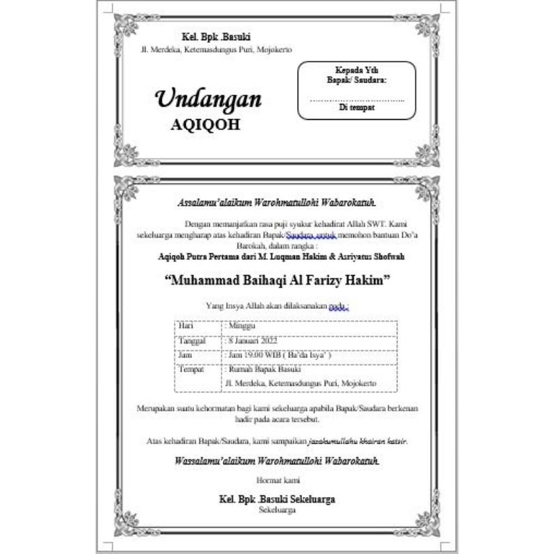 

Undangan Walimah (Ursy/Khitan/Aqiqoh) kertas HVS tajam (hitamputih)