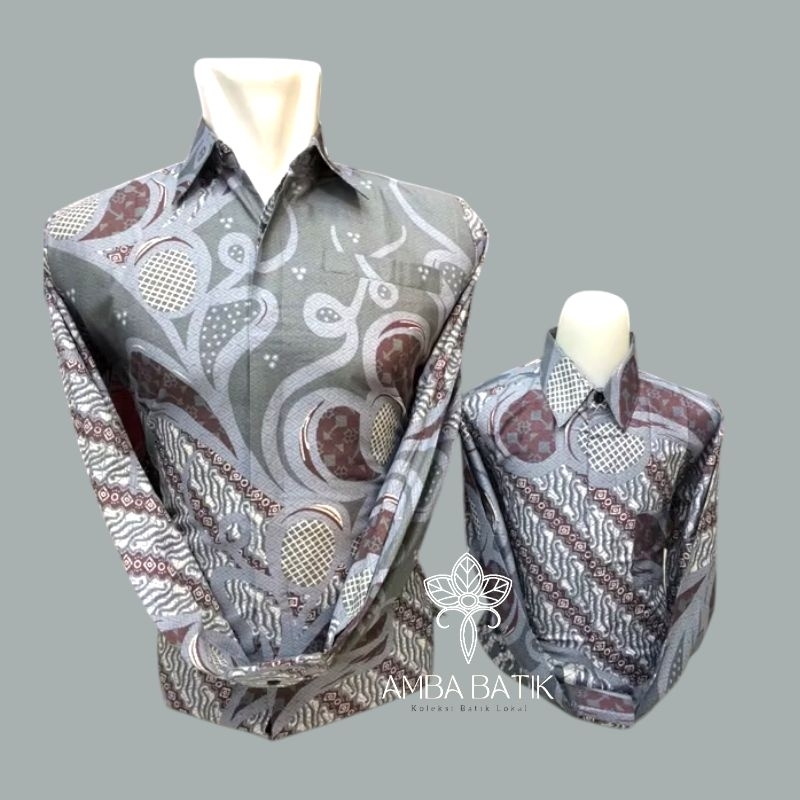 Batik Couple Ayah dan Anak Warna ABU ABU Pakai Lapisan Puring  Premium