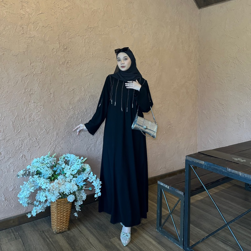 PROMO TERBARU Abaya Elisa Jetblack Mutiara Rumbai Dada Busui Dewasa Muslim Arab Wanita Gamis Maxi