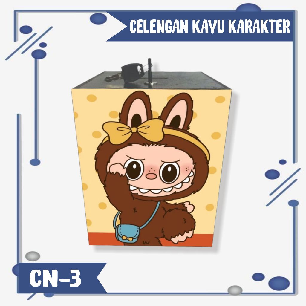 CELENGAN LABUBU KARAKTER LUCU/ KOTAK TABUNGAN KAYU GEMBOK KUNCI UNIK