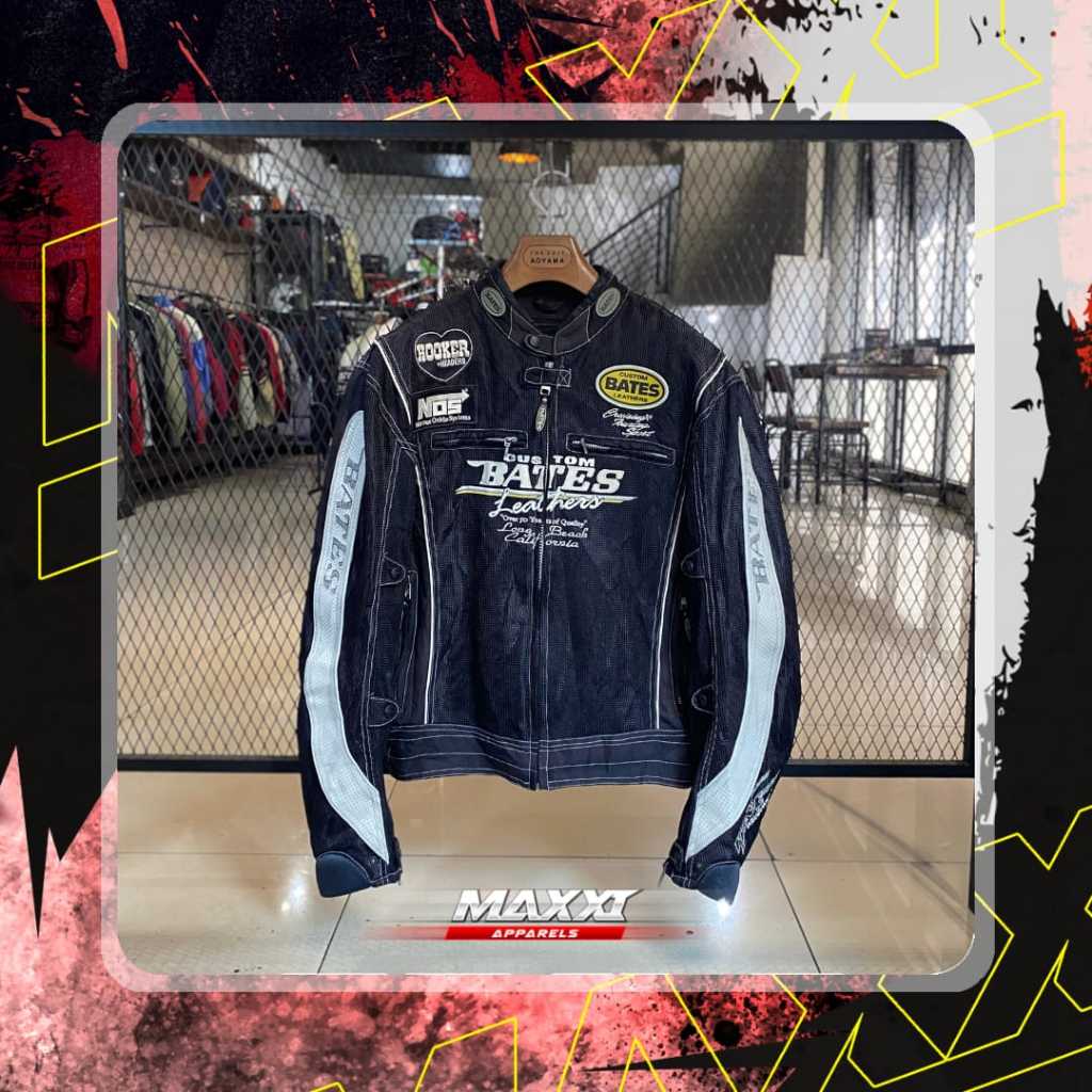 Jaket motor bates - Leather Black Mesh