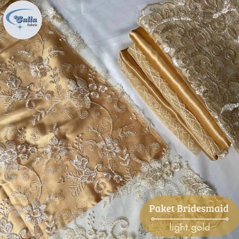 Paket Lengkap Kain Bridesmaid / Kain Satin Charmuse Silk Gold / Honey Gold + Brukat Tile Light Gold