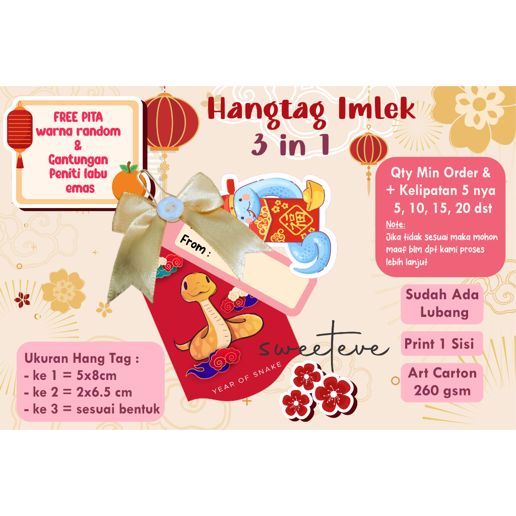 

Hang Tag 3 in 1 Imlek Chinese New Year CNY 2025 SNAKE Premium FREE PITA & Peniti Labu Emas